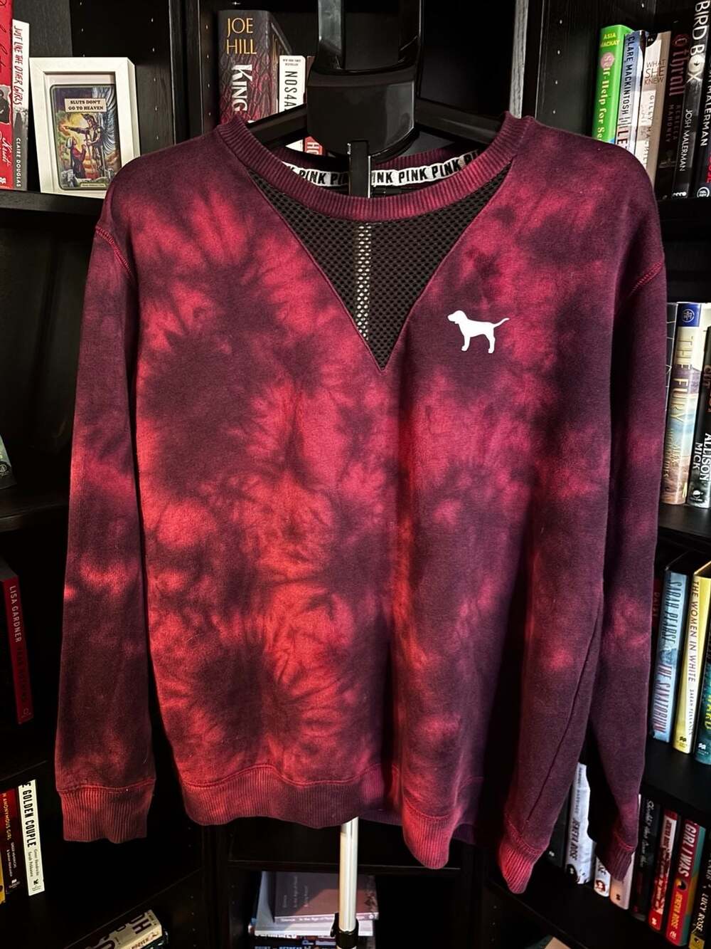PINK Victoria's Secret Mesh V-Neck Sweatshirt Size S Burgundy Tie Dye